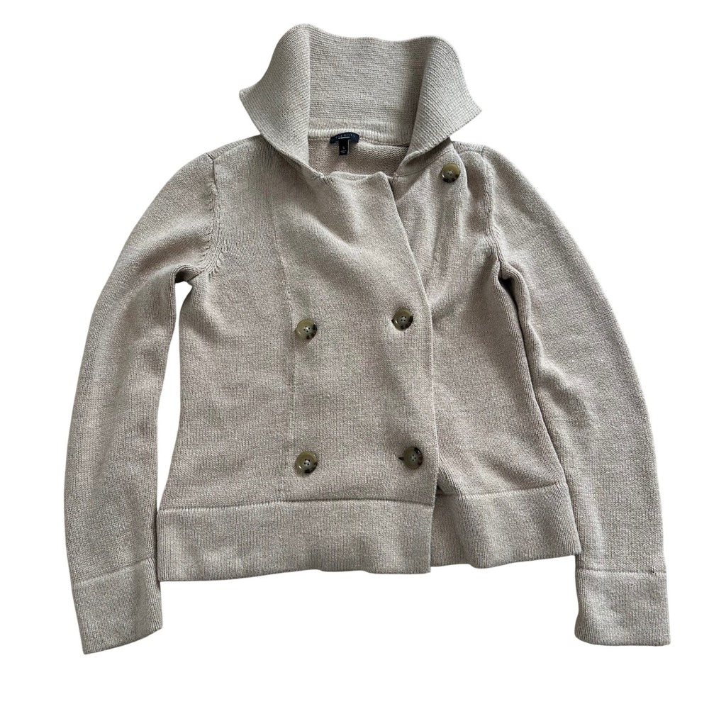 Talbots Womens Tan Beige Cotton Wool Double Breasted Cardigan Sweater Small